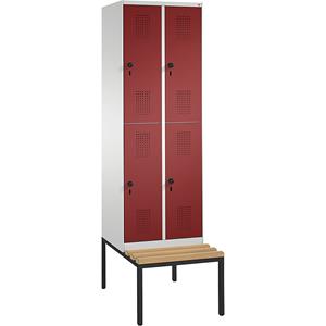 C+P EVOLO Garderobenschrank, doppelstöckig, mit Sitzbank, 2 Abteile, je 2 Fächer, Abteilbreite 300 mm, lichtgrau / rubinrot