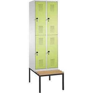 C+P EVOLO Garderobenschrank, doppelstöckig, mit Sitzbank, 2 Abteile, je 2 Fächer, Abteilbreite 300 mm, lichtgrau / viridingrün