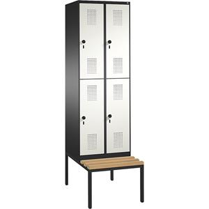 C+P EVOLO Garderobenschrank, doppelstöckig, mit Sitzbank, 2 Abteile, je 2 Fächer, Abteilbreite 300 mm, schwarzgrau / reinweiß