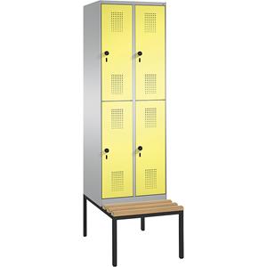 C+P EVOLO Garderobenschrank, doppelstöckig, mit Sitzbank, 2 Abteile, je 2 Fächer, Abteilbreite 300 mm, weißaluminium / schwefelgelb