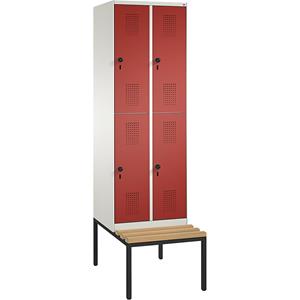 C+P EVOLO Garderobenschrank, doppelstöckig, mit Sitzbank, 2 Abteile, je 2 Fächer, Abteilbreite 300 mm, reinweiß / feuerrot