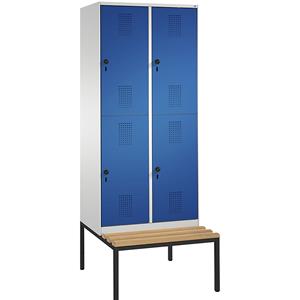 C+P EVOLO Garderobenschrank, doppelstöckig, mit Sitzbank, 2 Abteile, je 2 Fächer, Abteilbreite 400 mm, lichtgrau / enzianblau