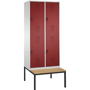 C+P EVOLO Garderobenschrank, doppelstöckig, mit Sitzbank, 2 Abteile, je 2 Fächer, Abteilbreite 400 mm, lichtgrau / rubinrot