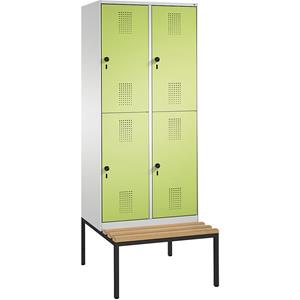 C+P EVOLO Garderobenschrank, doppelstöckig, mit Sitzbank, 2 Abteile, je 2 Fächer, Abteilbreite 400 mm, lichtgrau / viridingrün