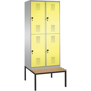 C+P EVOLO Garderobenschrank, doppelstöckig, mit Sitzbank, 2 Abteile, je 2 Fächer, Abteilbreite 400 mm, weißaluminium / schwefelgelb