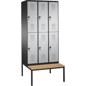 C+P EVOLO Garderobenschrank, doppelstöckig, mit Sitzbank, 3 Abteile, je 2 Fächer, Abteilbreite 300 mm, schwarzgrau / weißaluminium