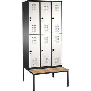 C+P EVOLO Garderobenschrank, doppelstöckig, mit Sitzbank, 3 Abteile, je 2 Fächer, Abteilbreite 300 mm, schwarzgrau / reinweiß