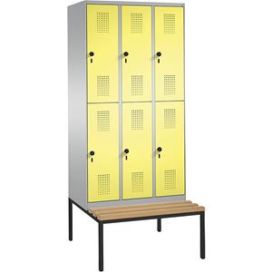 C+P EVOLO Garderobenschrank, doppelstöckig, mit Sitzbank, 3 Abteile, je 2 Fächer, Abteilbreite 300 mm, weißaluminium / schwefelgelb