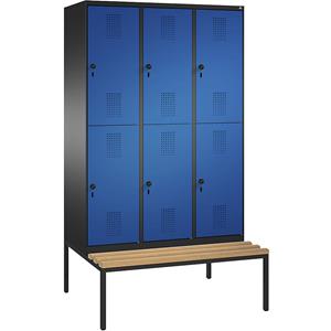 C+P EVOLO Garderobenschrank, doppelstöckig, mit Sitzbank, 3 Abteile, je 2 Fächer, Abteilbreite 400 mm, schwarzgrau / enzianblau