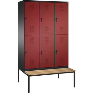 C+P EVOLO Garderobenschrank, doppelstöckig, mit Sitzbank, 3 Abteile, je 2 Fächer, Abteilbreite 400 mm, schwarzgrau / rubinrot