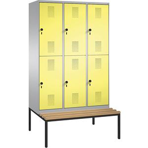 C+P EVOLO Garderobenschrank, doppelstöckig, mit Sitzbank, 3 Abteile, je 2 Fächer, Abteilbreite 400 mm, weißaluminium / schwefelgelb