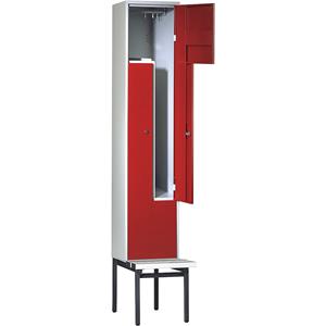 Wolf Z-garderobekast met zitbank, h x b x d = 2140 x 400 x 500 mm, 2 vakken, deuren vuurrood