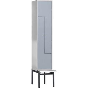 Wolf Z-garderobekast met zitbank, h x b x d = 2140 x 400 x 500 mm, 2 vakken, deuren zilvergrijs