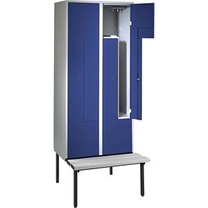 Wolf Z-garderobekast met zitbank, h x b x d = 2140 x 800 x 500 mm, 4 vakken, deuren gentiaanblauw