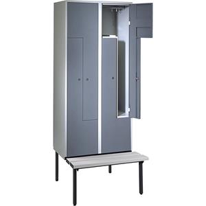 Wolf Z-garderobekast met zitbank, h x b x d = 2140 x 800 x 500 mm, 4 vakken, deuren blauwgrijs