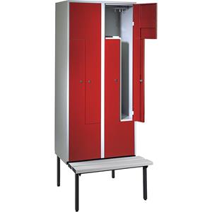 Wolf Z-garderobekast met zitbank, h x b x d = 2140 x 800 x 500 mm, 4 vakken, deuren vuurrood