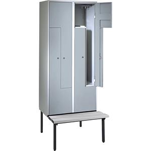 Wolf Z-garderobekast met zitbank, h x b x d = 2140 x 800 x 500 mm, 4 vakken, deuren zilvergrijs