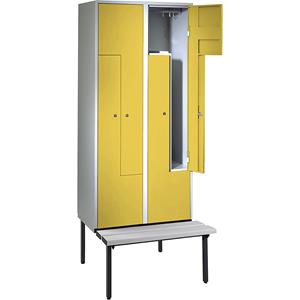 Wolf Z-garderobekast met zitbank, h x b x d = 2140 x 800 x 500 mm, 4 vakken, deuren zinkgeel