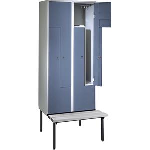 Wolf Z-garderobekast met zitbank, h x b x d = 2140 x 800 x 500 mm, 4 vakken, deuren duifblauw