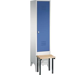 C+P CLASSIC Garderobenschrank mit vorgebauter Sitzbank, 1 Abteil, Abteilbreite 400 mm, lichtgrau / enzianblau