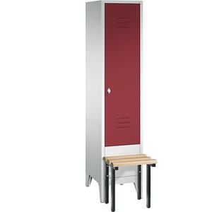C+P CLASSIC Garderobenschrank mit vorgebauter Sitzbank, 1 Abteil, Abteilbreite 400 mm, lichtgrau / rubinrot