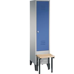 C+P CLASSIC Garderobenschrank mit vorgebauter Sitzbank, 1 Abteil, Abteilbreite 400 mm, weißaluminium / enzianblau