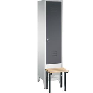 C+P CLASSIC Garderobenschrank mit vorgebauter Sitzbank, 1 Abteil, Abteilbreite 400 mm, lichtgrau / schwarzgrau