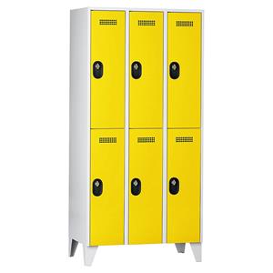 Wolf Garderobenschrank, Fachhöhe 820 mm, HxBxT 1850 x 900 x 500 mm, Abteilbreite 300 mm, Korpus- / Türfarbe Lichtgrau / Zinkgelb