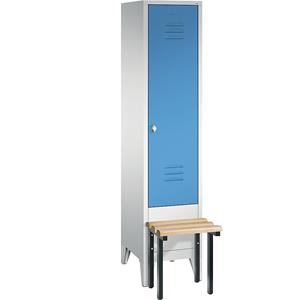 C+P CLASSIC Garderobenschrank mit vorgebauter Sitzbank, 1 Abteil, Abteilbreite 400 mm, lichtgrau / lichtblau