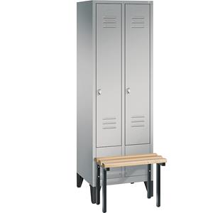 C+P CLASSIC Garderobenschrank mit vorgebauter Sitzbank, 2 Abteile, Abteilbreite 300 mm, weißaluminium