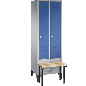 C+P CLASSIC Garderobenschrank mit vorgebauter Sitzbank, 2 Abteile, Abteilbreite 300 mm, weißaluminium / enzianblau