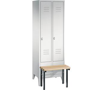 C+P CLASSIC Garderobenschrank mit vorgebauter Sitzbank, 2 Abteile, Abteilbreite 300 mm, lichtgrau