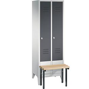 C+P CLASSIC Garderobenschrank mit vorgebauter Sitzbank, 2 Abteile, Abteilbreite 300 mm, lichtgrau / schwarzgrau
