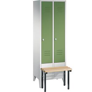 C+P CLASSIC Garderobenschrank mit vorgebauter Sitzbank, 2 Abteile, Abteilbreite 300 mm, lichtgrau / resedagrün