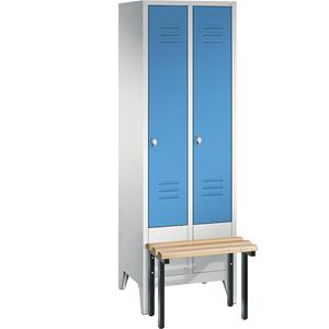 C+P CLASSIC Garderobenschrank mit vorgebauter Sitzbank, 2 Abteile, Abteilbreite 300 mm, lichtgrau / lichtblau