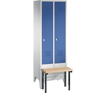 C+P CLASSIC Garderobenschrank mit vorgebauter Sitzbank, 2 Abteile, Abteilbreite 300 mm, lichtgrau / enzianblau
