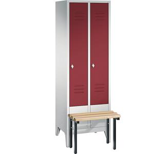 C+P CLASSIC Garderobenschrank mit vorgebauter Sitzbank, 2 Abteile, Abteilbreite 300 mm, lichtgrau / rubinrot
