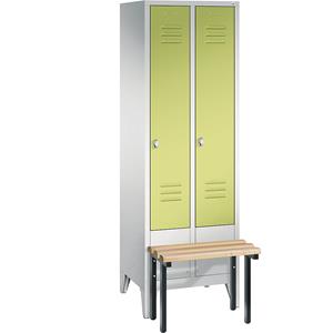 C+P CLASSIC Garderobenschrank mit vorgebauter Sitzbank, 2 Abteile, Abteilbreite 300 mm, lichtgrau / viridingrün