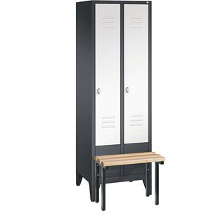 C+P CLASSIC Garderobenschrank mit vorgebauter Sitzbank, 2 Abteile, Abteilbreite 300 mm, schwarzgrau / verkehrsweiß