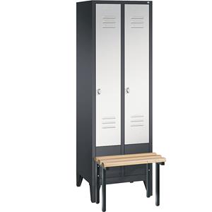 C+P CLASSIC Garderobenschrank mit vorgebauter Sitzbank, 2 Abteile, Abteilbreite 300 mm, schwarzgrau / lichtgrau