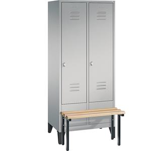 C+P CLASSIC Garderobenschrank mit vorgebauter Sitzbank, 2 Abteile, Abteilbreite 400 mm, weißaluminium