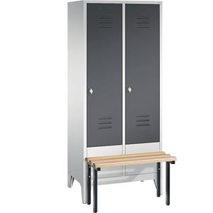 C+P CLASSIC Garderobenschrank mit vorgebauter Sitzbank, 2 Abteile, Abteilbreite 400 mm, lichtgrau / schwarzgrau
