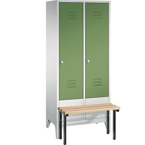 C+P CLASSIC Garderobenschrank mit vorgebauter Sitzbank, 2 Abteile, Abteilbreite 400 mm, lichtgrau / resedagrün