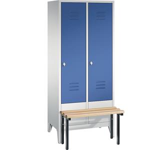 C+P CLASSIC Garderobenschrank mit vorgebauter Sitzbank, 2 Abteile, Abteilbreite 400 mm, lichtgrau / enzianblau
