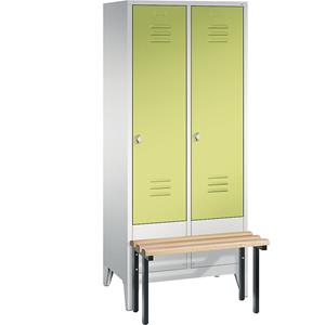 C+P CLASSIC Garderobenschrank mit vorgebauter Sitzbank, 2 Abteile, Abteilbreite 400 mm, lichtgrau / viridingrün