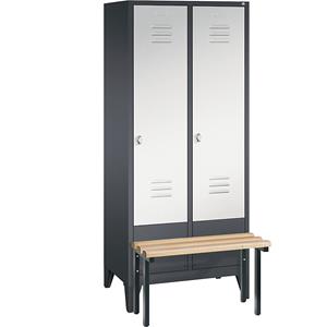 C+P CLASSIC Garderobenschrank mit vorgebauter Sitzbank, 2 Abteile, Abteilbreite 400 mm, schwarzgrau / lichtgrau