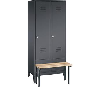 C+P CLASSIC Garderobenschrank mit vorgebauter Sitzbank, 2 Abteile, Abteilbreite 400 mm, schwarzgrau