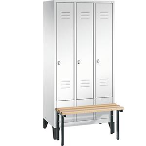 C+P CLASSIC Garderobenschrank mit vorgebauter Sitzbank, 3 Abteile, Abteilbreite 300 mm, verkehrsweiß