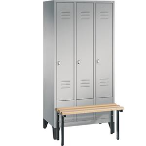C+P CLASSIC Garderobenschrank mit vorgebauter Sitzbank, 3 Abteile, Abteilbreite 300 mm, weißaluminium