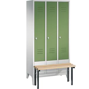 C+P CLASSIC Garderobenschrank mit vorgebauter Sitzbank, 3 Abteile, Abteilbreite 300 mm, lichtgrau / resedagrün